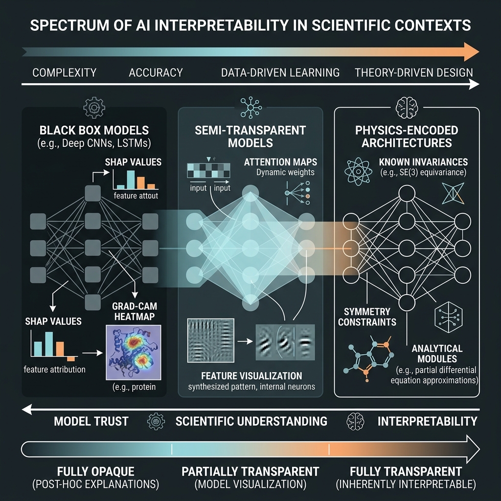 The spectrum of interpretability: from post-hoc explanations to physics-encoded transparency.